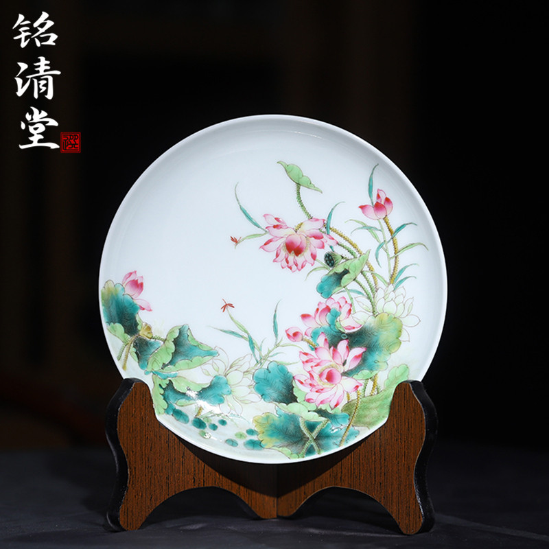 珍藏铭清堂于君粉彩荷花壶承全手工手绘盘子中式赏盘复古陶瓷茶具