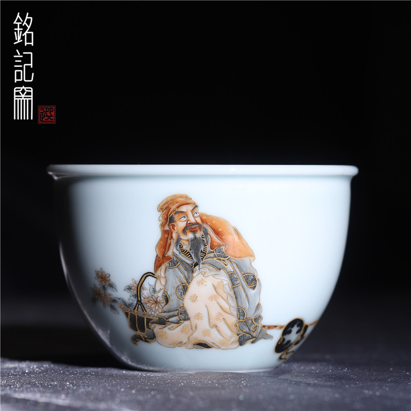 铭记柴窑手绘墨彩采菊图水缸杯