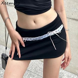 Xeemilo Chic Lace Stitch Black Skirt Y2K Bow Lace Up High-wa