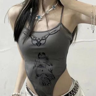 2000s Irreg ops Sleeveless Tank Print Aesthetic Grey Graphic