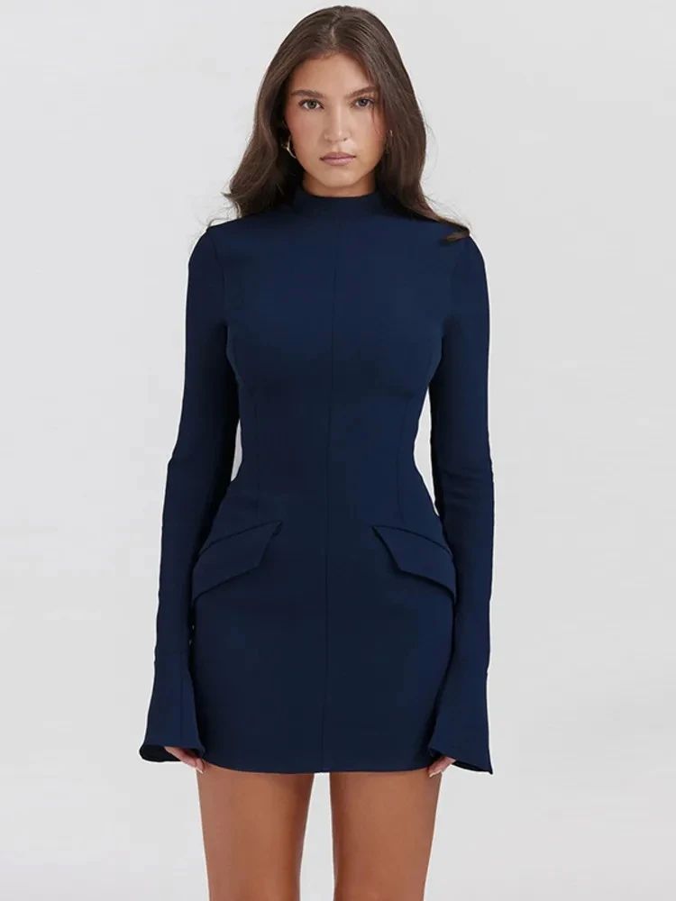 Elegant Dark Blue Solid High Waist Mini Dress Women Fashion