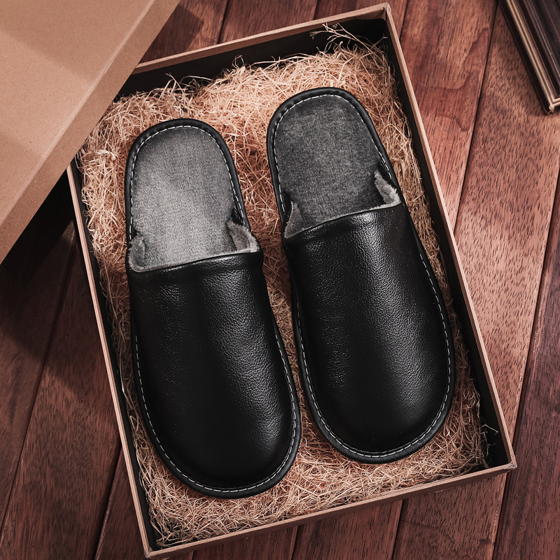 秋冬季牛皮棉拖鞋男女情侣居家用厚底室内防滑真皮面防水冬天保暖
