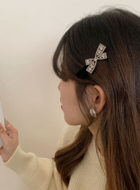 超闪黑色丝绒发夹满钻轻奢蝴蝶结刘海夹女秋冬新款气质级侧边夹