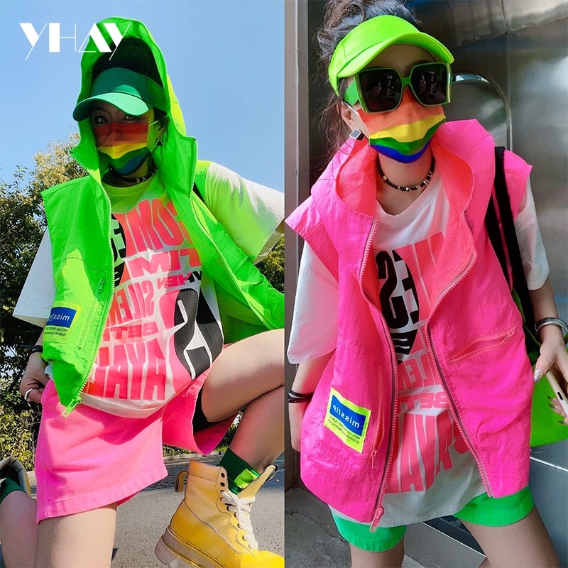 YHAY2025新款荧光色拉链徽章百搭休闲潮牌原创背心马甲外套女