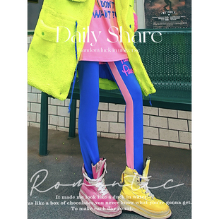 彩色字母潮牌德绒小脚裤 YHAY宝蓝粉色拼接休闲加绒打底裤 秋冬新款