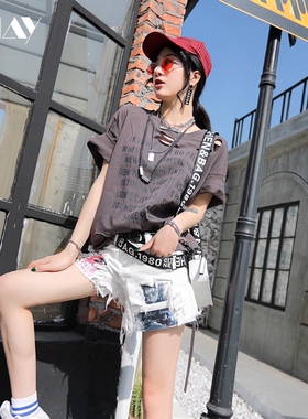 2026新款网红ins复古港味字母印花破洞流苏宽松休闲短袖t恤PTC32