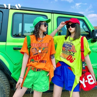 YHAY2024年新款 t恤 女夏季 欧洲站立体裁剪涂鸦流苏宽松ins潮流短袖