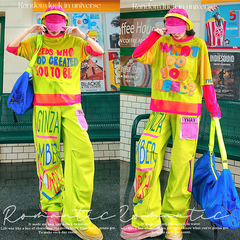 荧光黄彩色字母宽松网纱休闲T恤