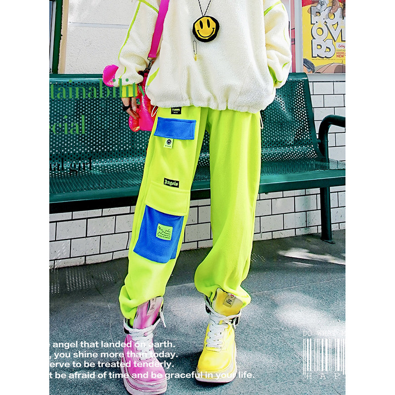 YHAY荧光绿彩色加绒休闲裤秋冬新款宝蓝撞色口袋加厚宽松工装裤女,女装/女士精品,休闲裤,淘宝优惠券,粉丝福利购,淘宝优惠卷