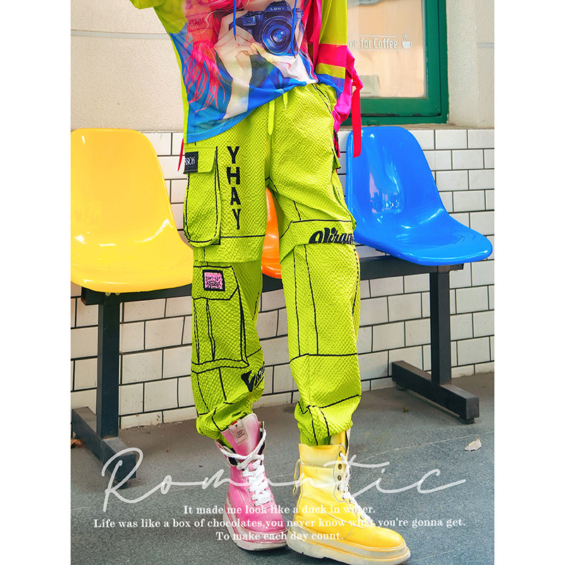 YHAY荧光黄彩色字母休闲裤春夏新款立体口袋潮牌运动宽松工装裤女