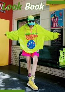 2026年春夏荧光绿彩色字母笑脸套头连帽宽松大版 罩衣 休闲防晒衫