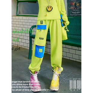 裤 宝蓝撞色口袋加厚宽松工装 女 秋冬新款 YHAY荧光绿彩色加绒休闲裤