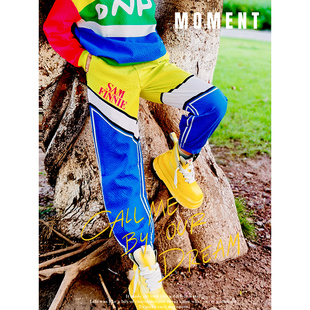 撞色字母潮牌宽松运动卫裤 新款 秋季 YHAY宝蓝荧光黄彩色拼接休闲裤