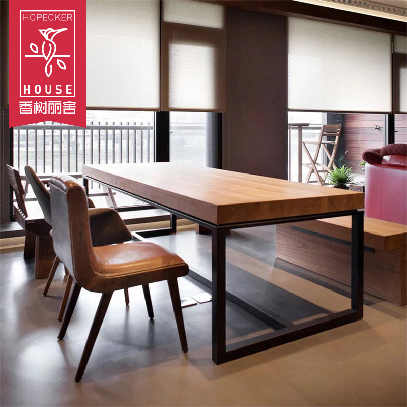 实木餐桌椅组合 美式复古简约LOFT工业风咖啡桌长桌铁艺餐厅饭桌