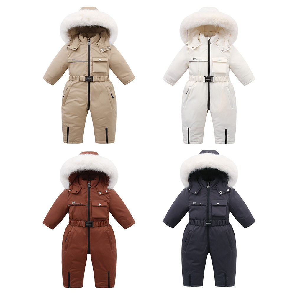 连帽特厚加绒儿童滑雪服连体衣2024冬季新款童装宝宝爬服
