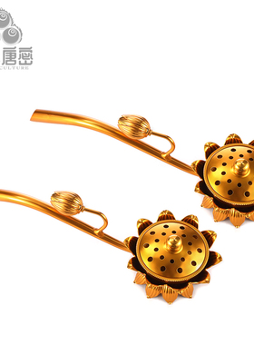 台湾工艺 金属鎏金款莲花柄香炉 莲华手柄香炉 手炉 供佛用品供具