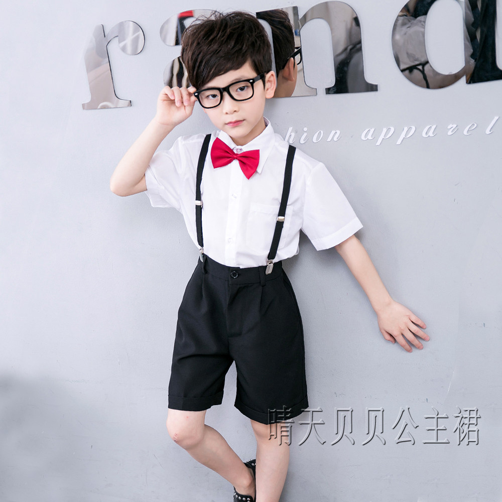 毕业男童纯白色短袖衬衫黑色短裤红色领结黑背带棉六一表演出服夏