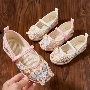 汉服绣花鞋女童老北京布鞋秋民族风古装软底牛筋底儿童舞蹈鞋