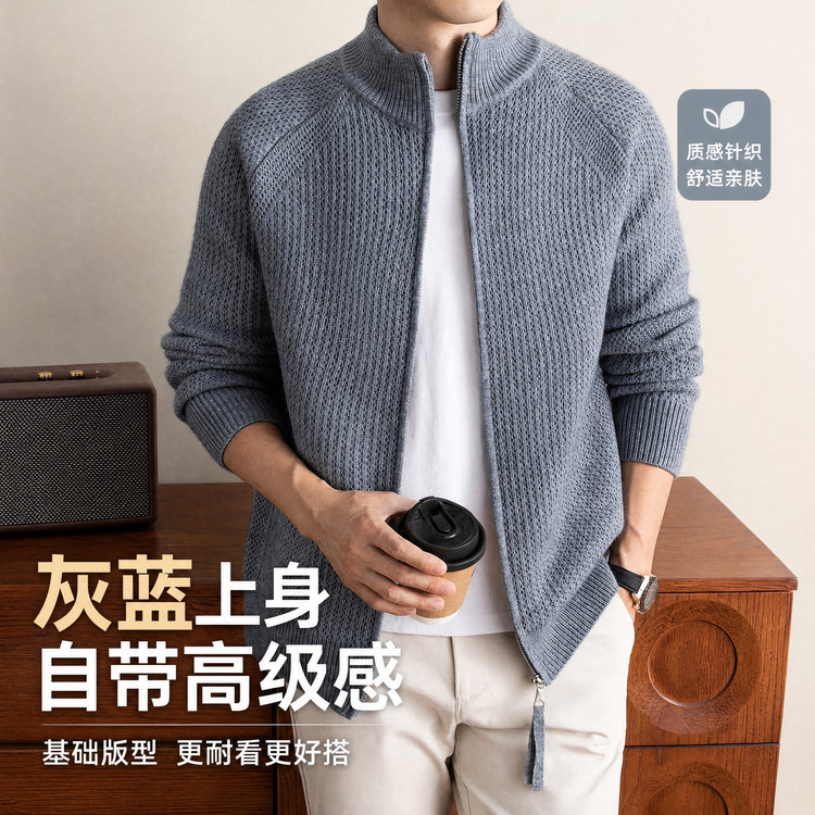 普通毛线翻领拉链常规简约休闲针织衫/毛衣