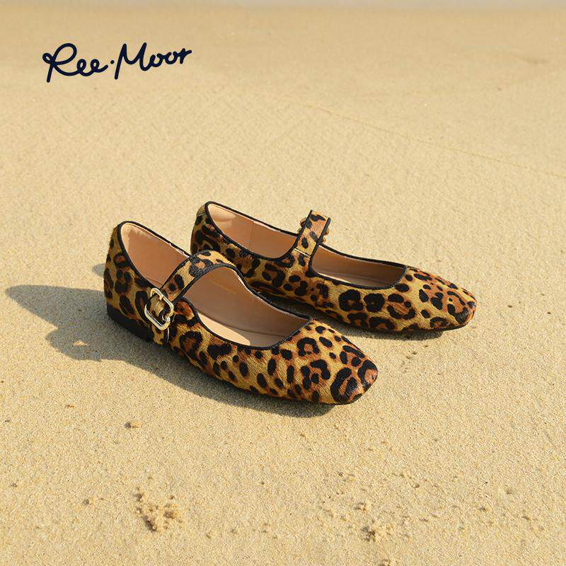 REEMOOR2025秋季新款豹纹单鞋女平底方头复古芭蕾舞玛丽珍鞋