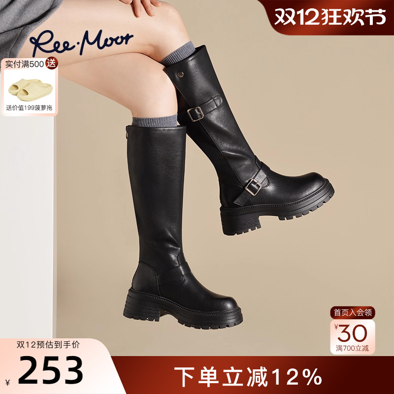 REEMOOR2025新款黑色厚底增高靴