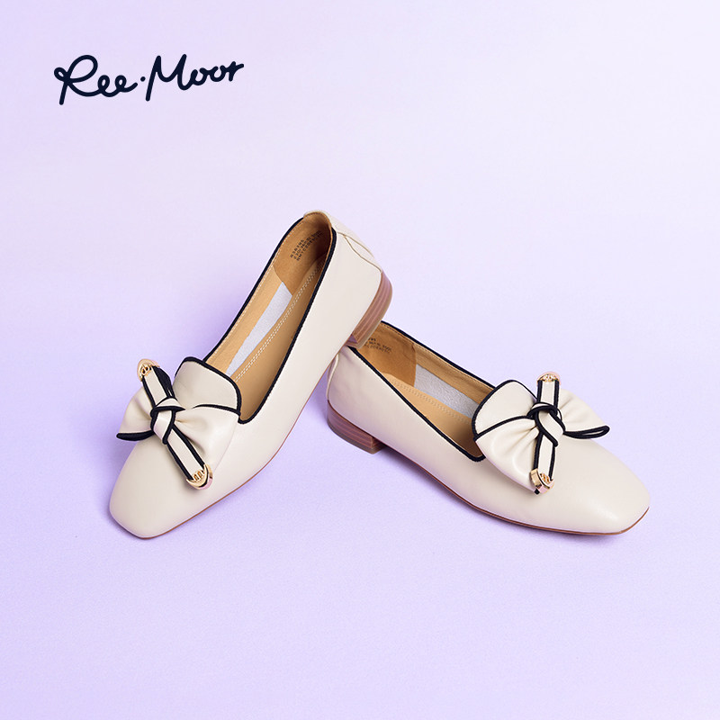 REEMOOR睿慕2024年春季新款乐福鞋小皮鞋一脚蹬低跟蝴蝶结豆豆鞋