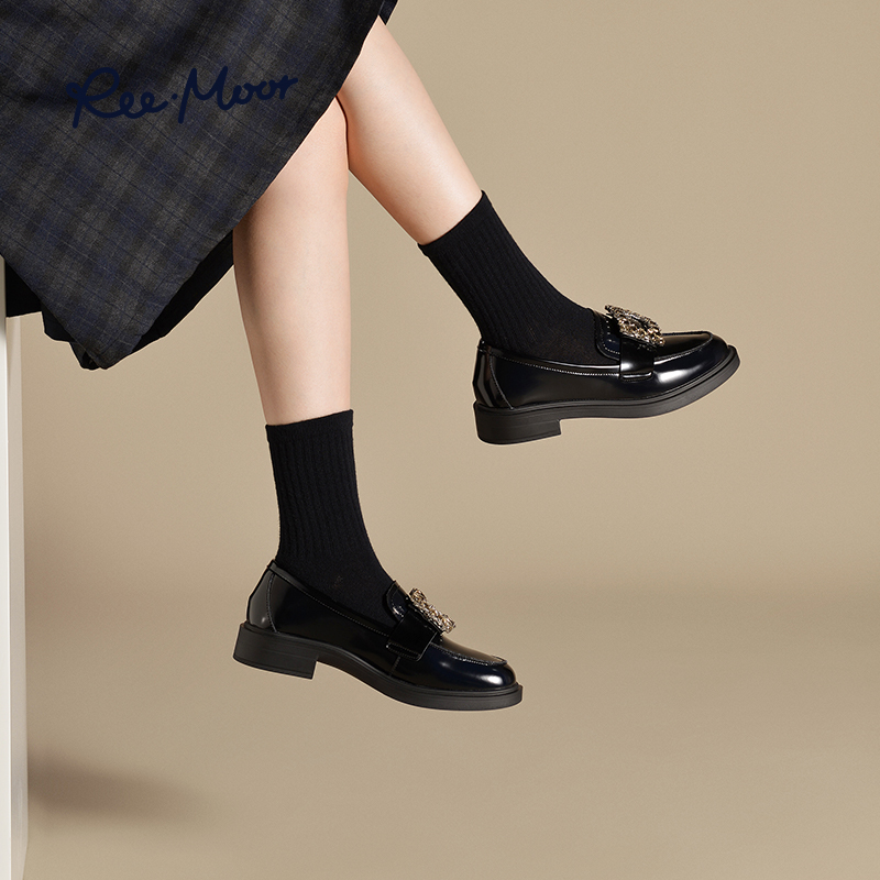 REEMOOR睿慕2025冬新款水钻方扣乐福鞋粗跟厚底增高一脚蹬女鞋