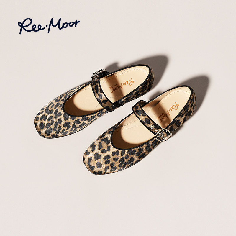 REEMOOR睿慕2025秋季新款豹纹一字扣带平底玛丽珍鞋复古风单鞋女
