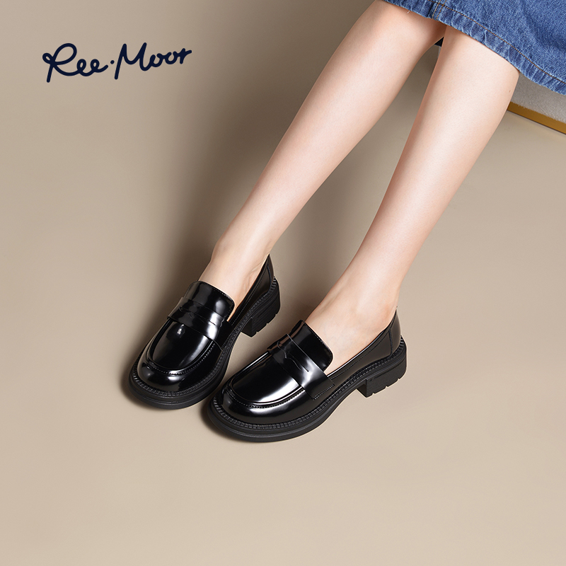 REEMOOR睿慕2025秋新款JK黑色厚底增高圆头乐福鞋一脚蹬小皮鞋女
