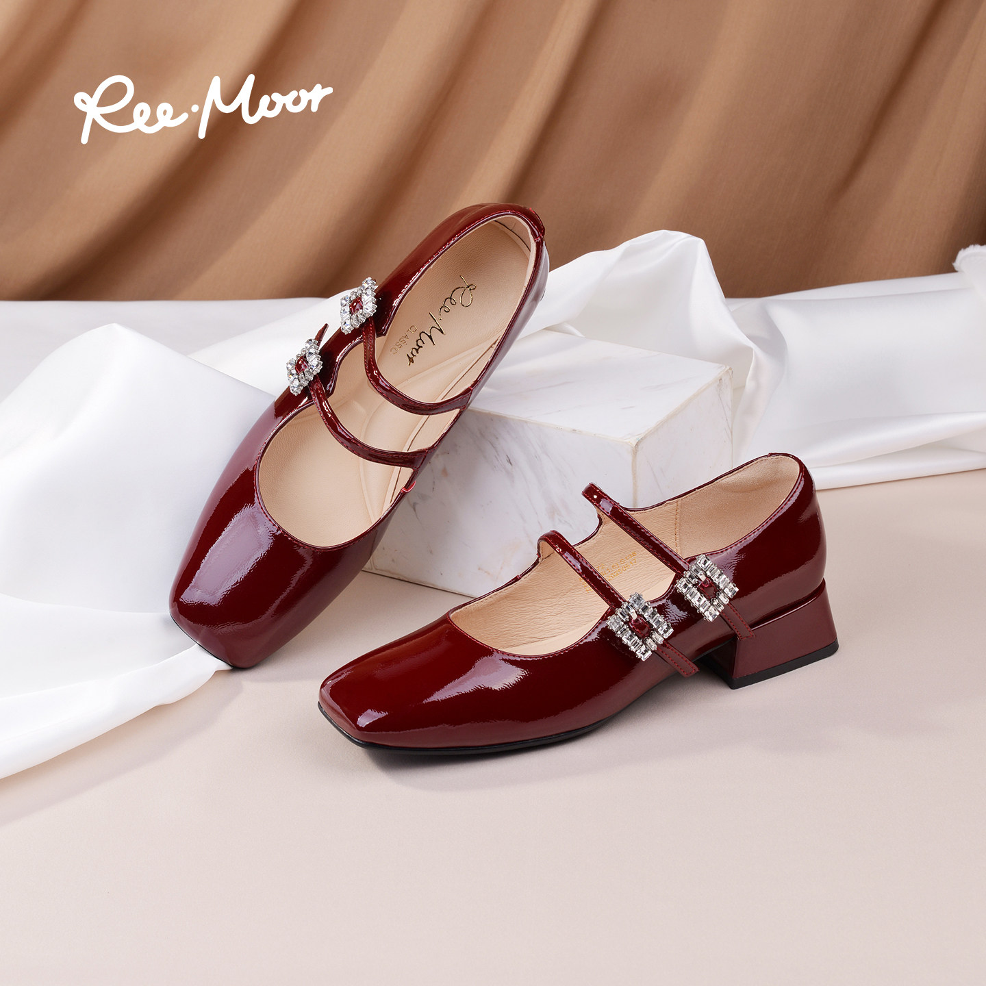 REEMOOR睿慕2025秋季新款法式水钻方扣玛丽珍鞋浅口单鞋平底鞋女