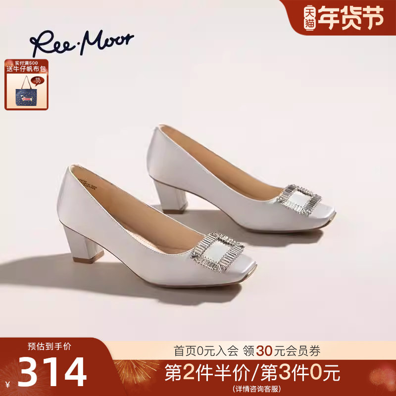 REEMOOR睿慕2025秋季新款法式方头水钻方扣粗跟浅口单鞋女