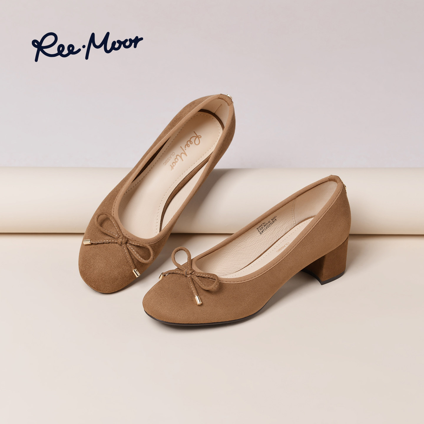 REEMOOR睿慕2025秋季新款法式蝴蝶结浅口女粗跟增高休闲通