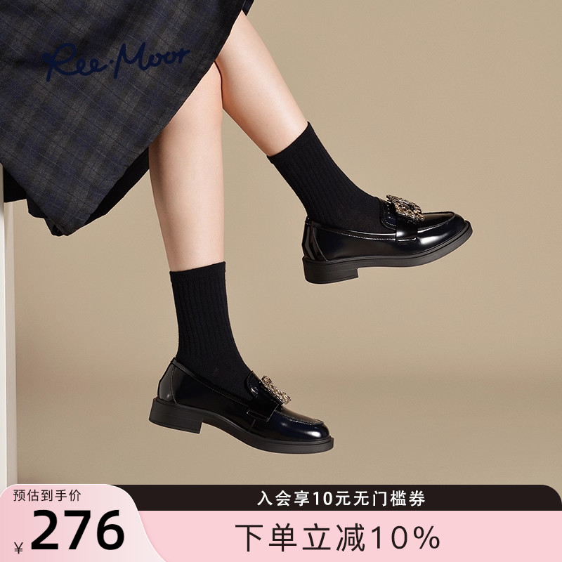 REEMOOR睿慕2025冬新款水钻方扣乐福鞋粗跟厚底增高一脚蹬女鞋