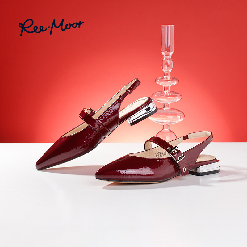 REEMOOR睿慕2026春夏新款法式复古尖头一字带凉鞋女外穿平