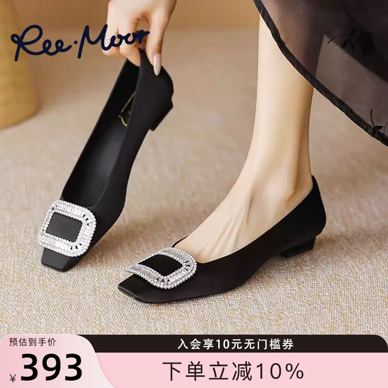 REEMOOR睿慕2026年春季新款水钻方扣黑色跟鞋气质粗跟浅口