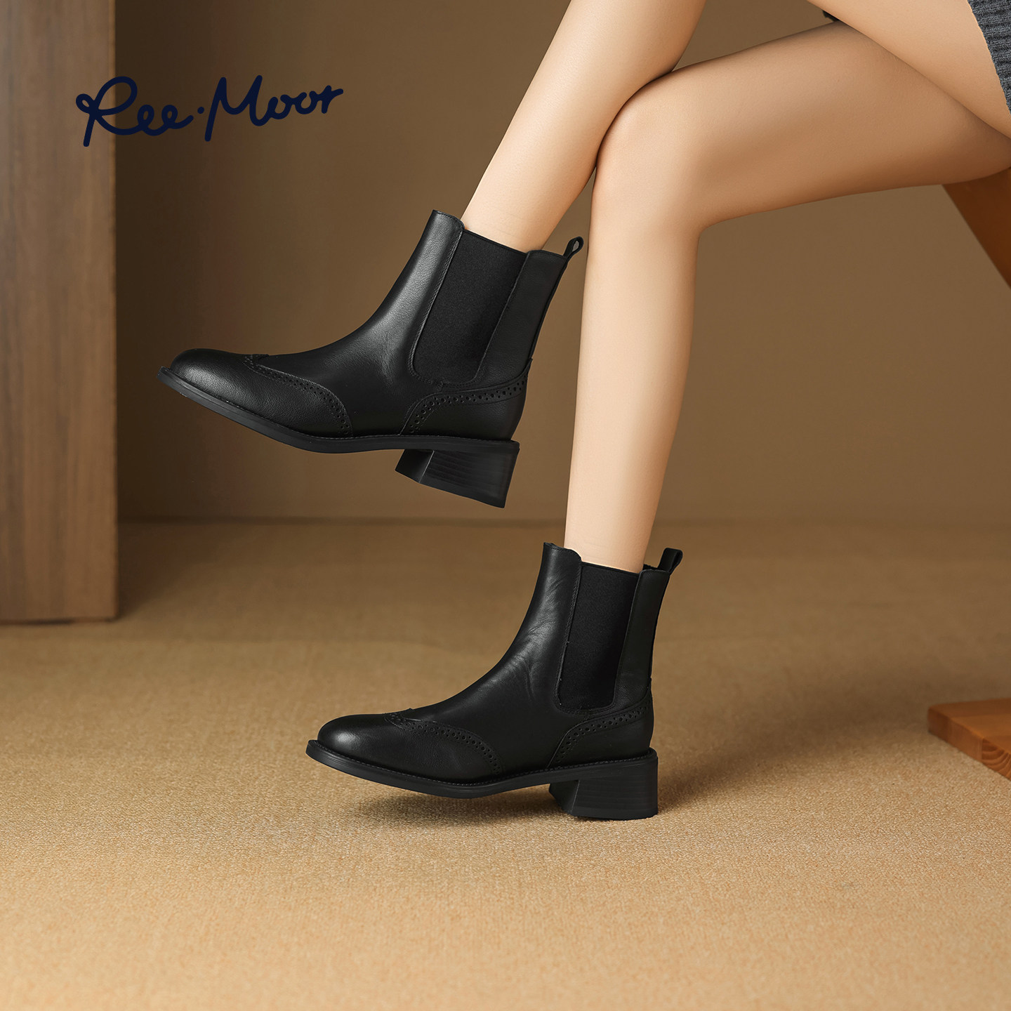REEMOOR睿慕2025冬季切尔西短靴女粗跟马丁靴英伦风秋冬女