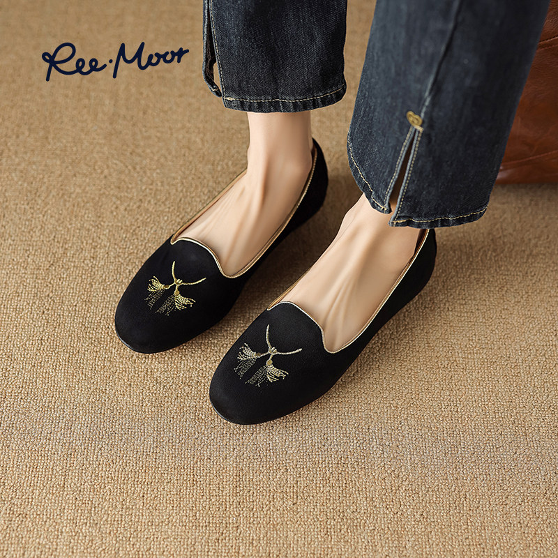 REEMOOR睿慕25新款豆豆鞋浅口平底单鞋软底一脚蹬妈妈鞋女