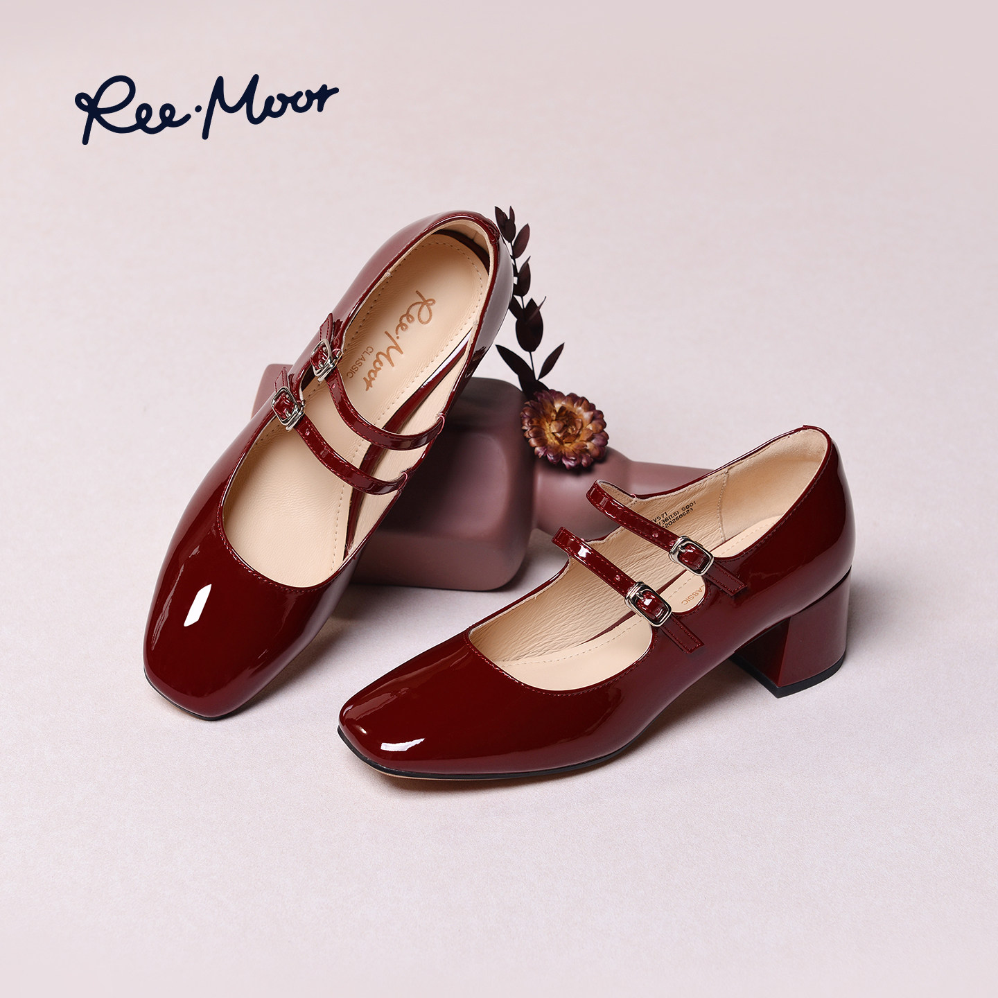 REEMOOR睿慕2025秋季新款法式高跟玛丽珍鞋小皮鞋粗跟女浅口单鞋