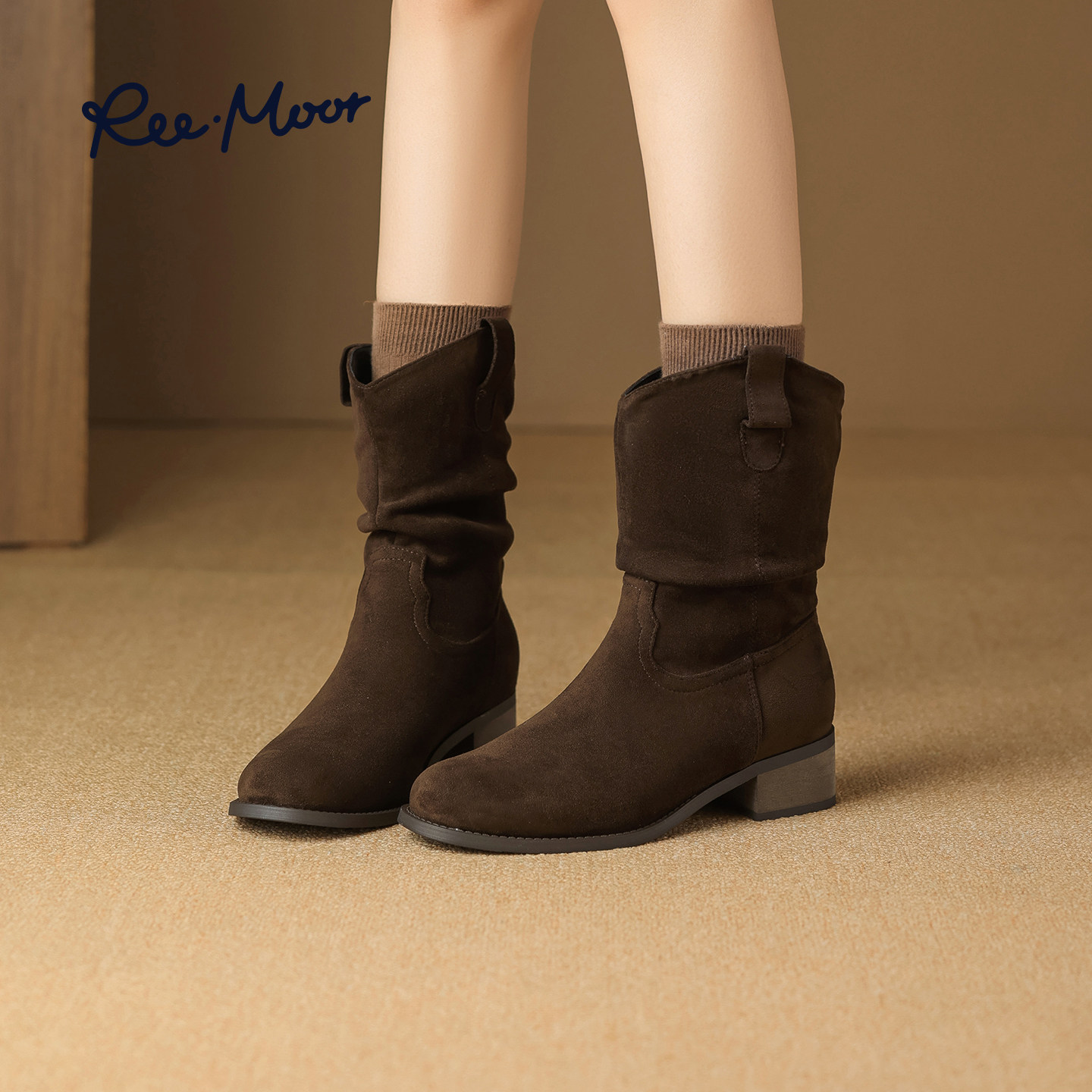 REEMOOR睿慕2025冬季新款美拉德复古西部堆堆靴中筒粗跟短