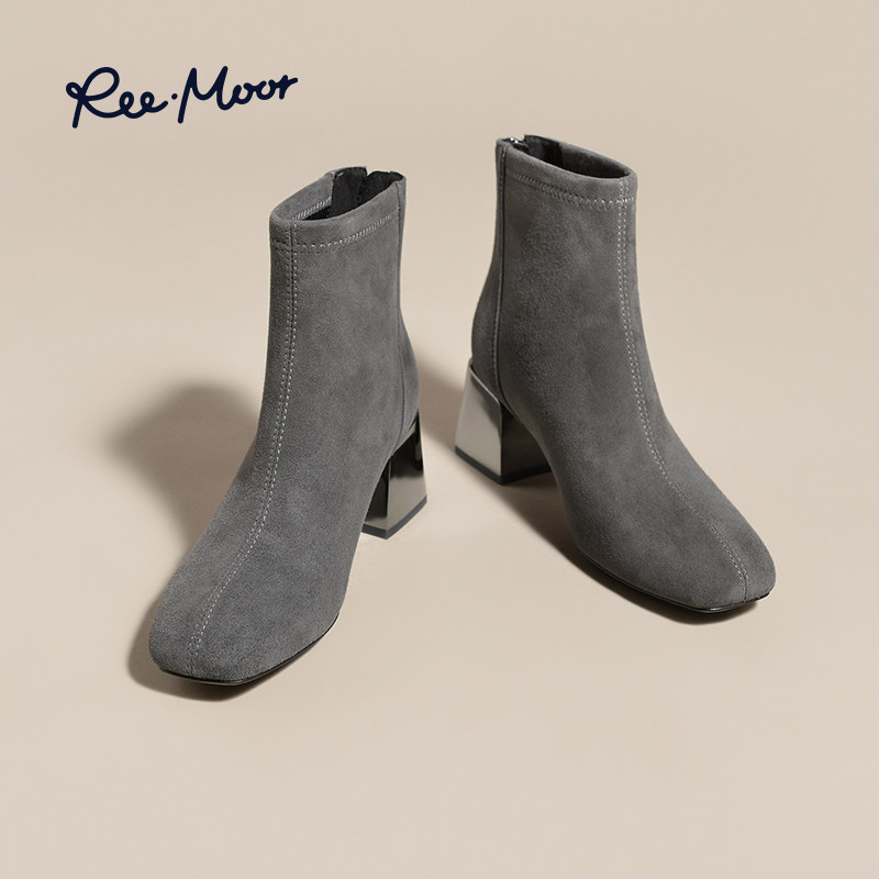 REEMOOR睿慕新款时装靴适通勤百搭粗跟复古绒面方头中跟短靴舒