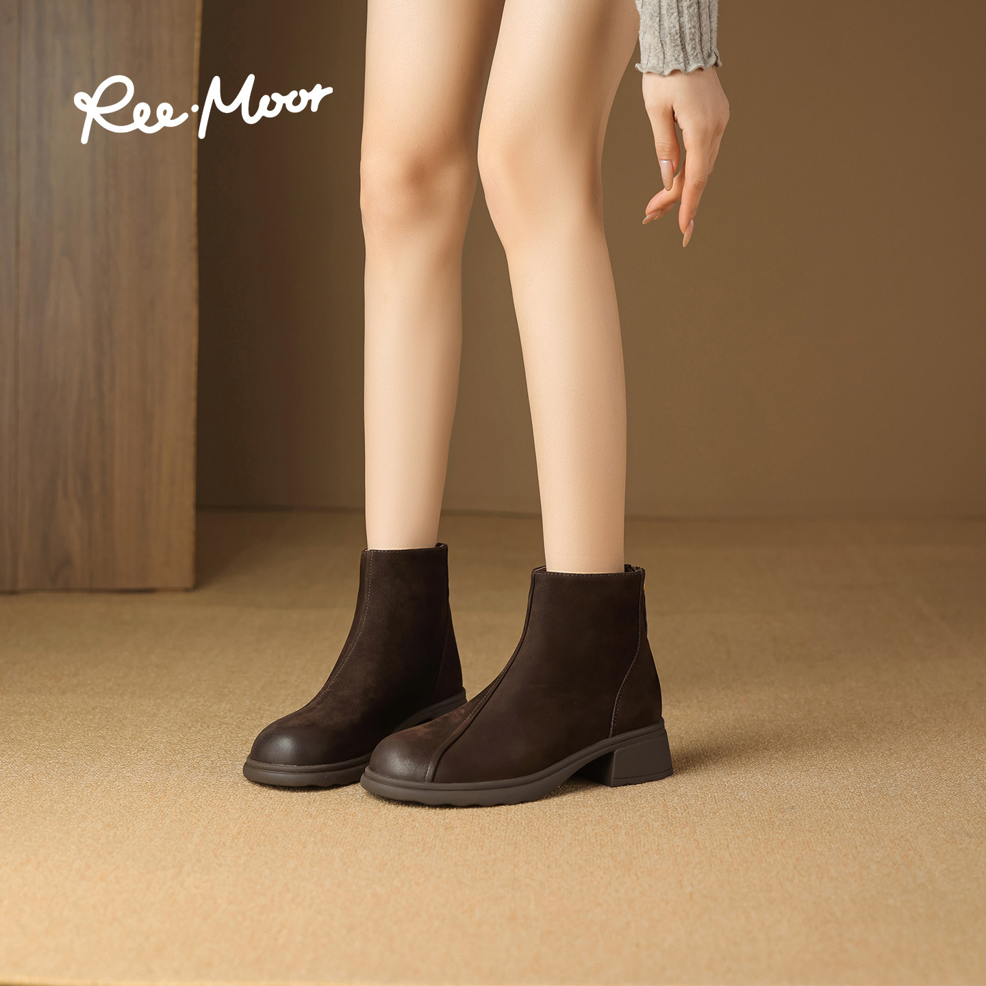 REEMOOR睿慕2025冬季新款复古英伦风圆头粗跟厚底增高时装