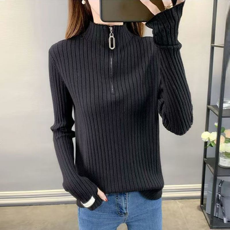 半高领拉链衣服女冬套手指上衣套头勾指针织衫袖子加长露指打底衫