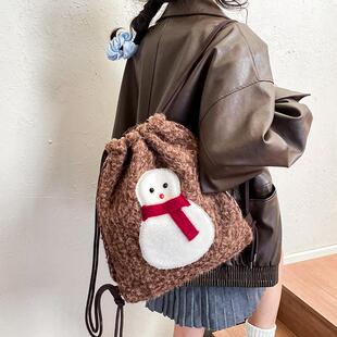 圣诞新年雪人毛绒双面斜挎两用包2024新款秋冬季迷人布抽绳双肩包