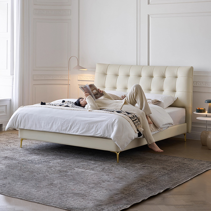 法式轻奢真皮床现代简约网红软床奶油风白色主卧双人床