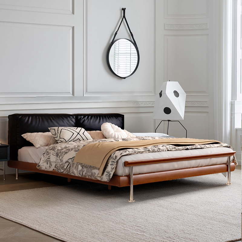 中古风油蜡皮床实木床包豪斯小户型主卧法式复古黑色软包床齐边床