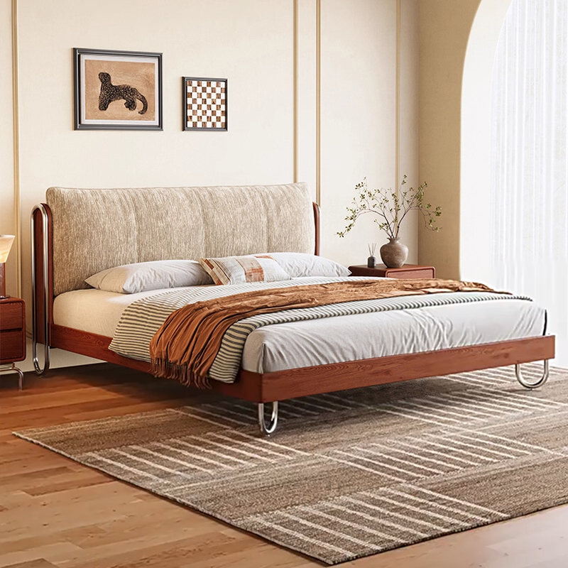 流影床中古风实木软包床卧室双人法式复古2025新款全拆洗布艺床