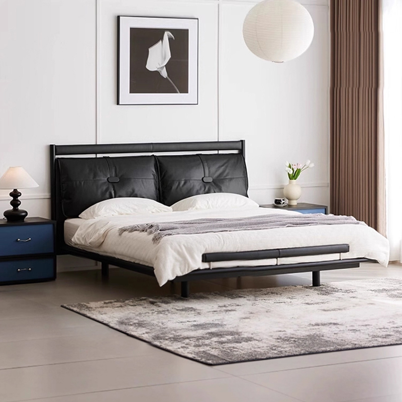 中古风柏林床实木主卧高端大气双人床意式极简软包婚床复古真皮床