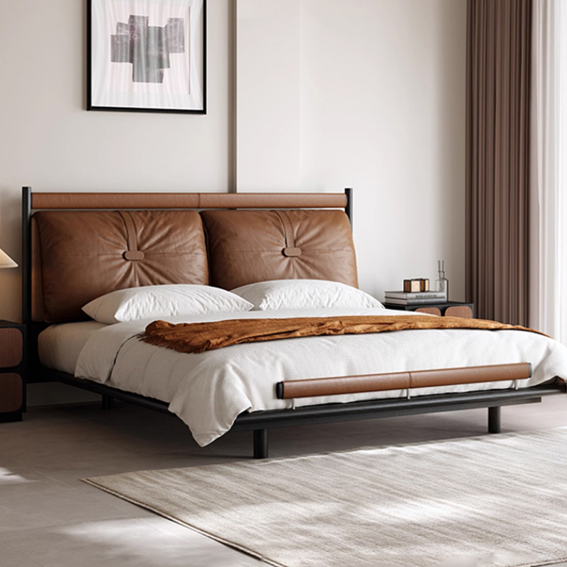 包豪斯中古风柏林床大床主卧双人床极简悬浮床实木软包复古真皮床