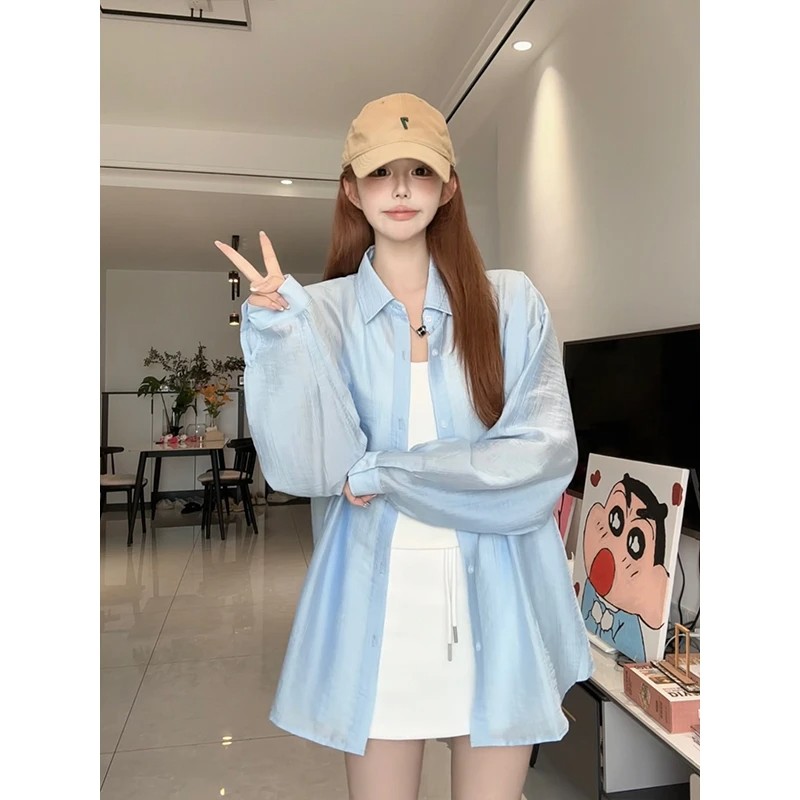 ANDEARDI纯色薄款防晒衬衫透气外套女休闲宽松上衣