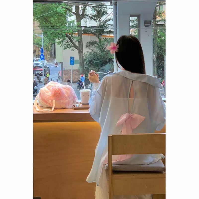 后背蝴蝶结开叉防嗮衬衫女2026夏季宽松薄款律动莫兰迪上衣